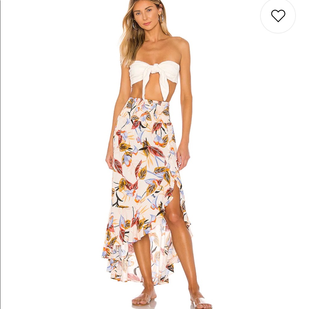 l*space Floral High-Low Maxi Skirt in White with Multicolor Leaf Print